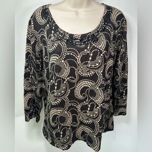 Next sweater black and tan pattern with black beading at neck women’s size XXL